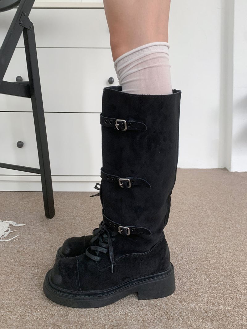 Kelvo Triple Buckle Belt Lace-Up Suede Oversole Long Boots (2 Colors)