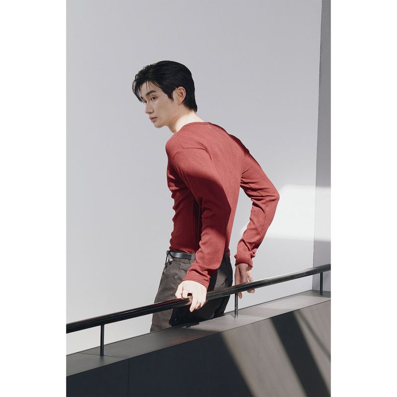Leather ribbed henry neck long sleeves(Burgundy)
