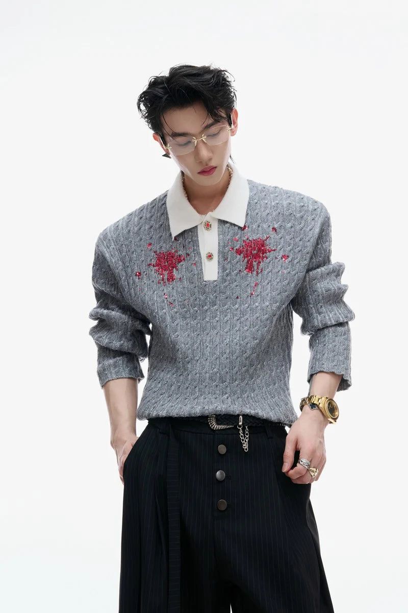 Sequin Collar Fitted Knit Sweater