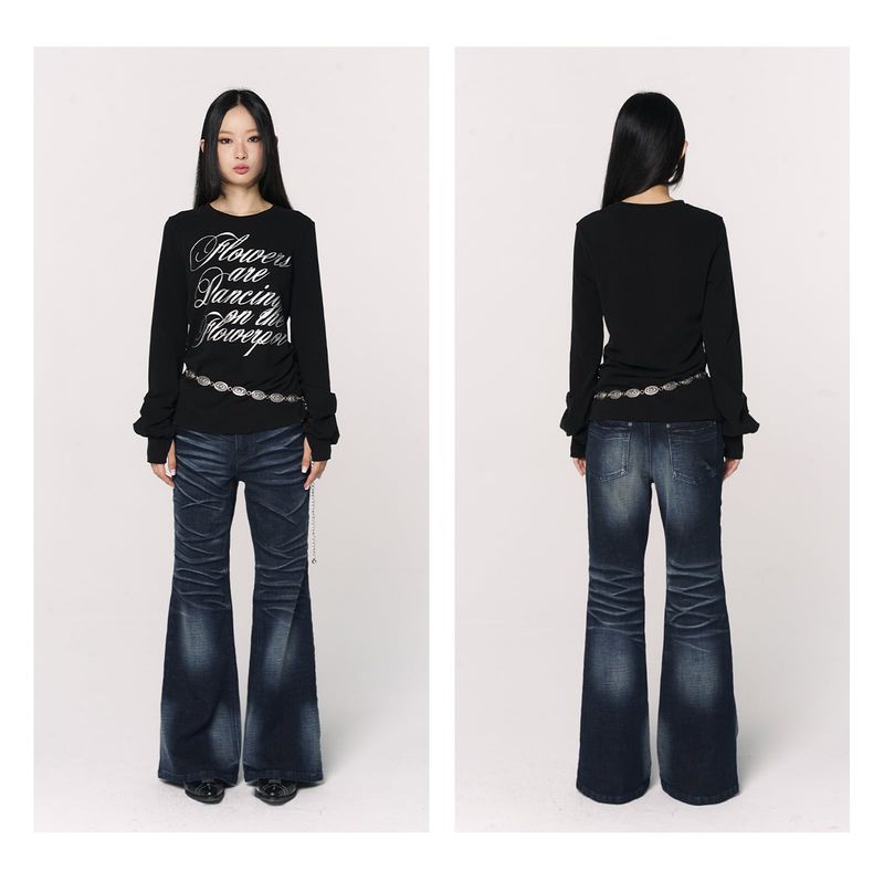 CONFUN Design sense three-dimensional cat whiskers, aged washed flared jeans style