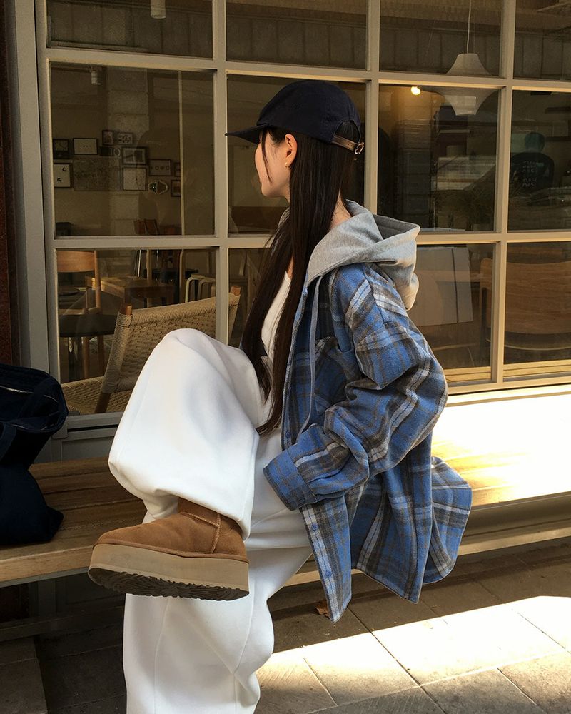 [ORIGINAL] Plain Hooded Check Shirt