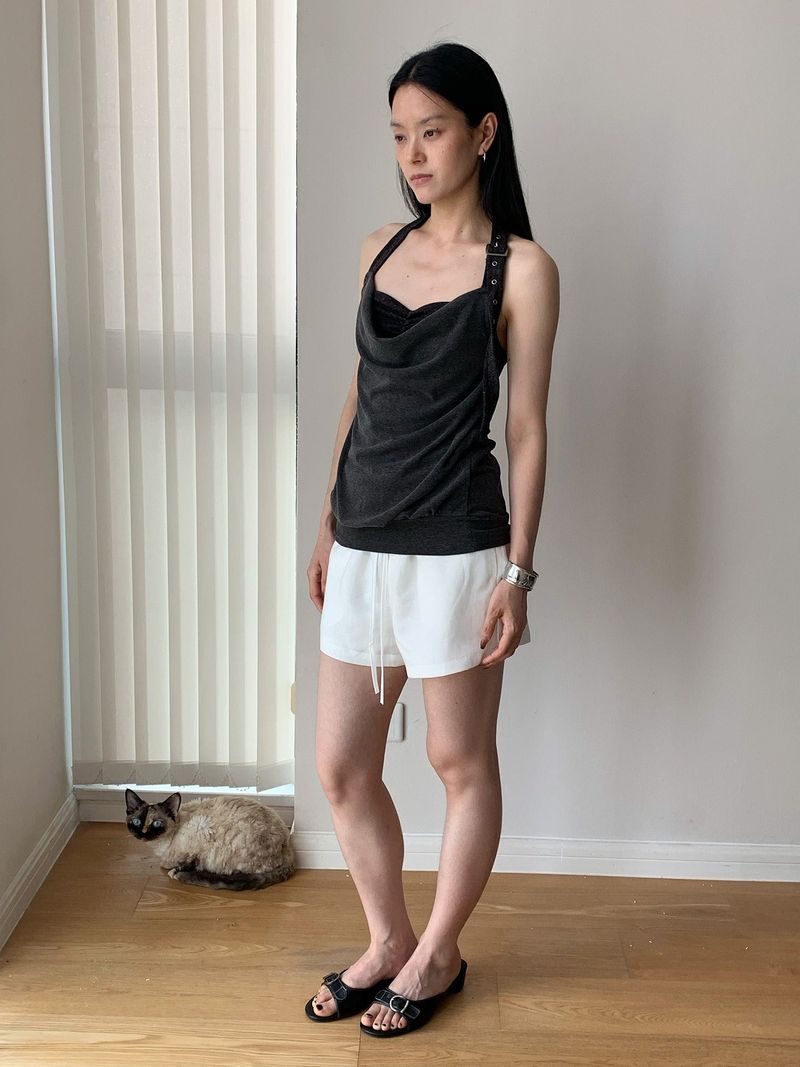 Buckle Halter Strap Sleeveless T-shirt