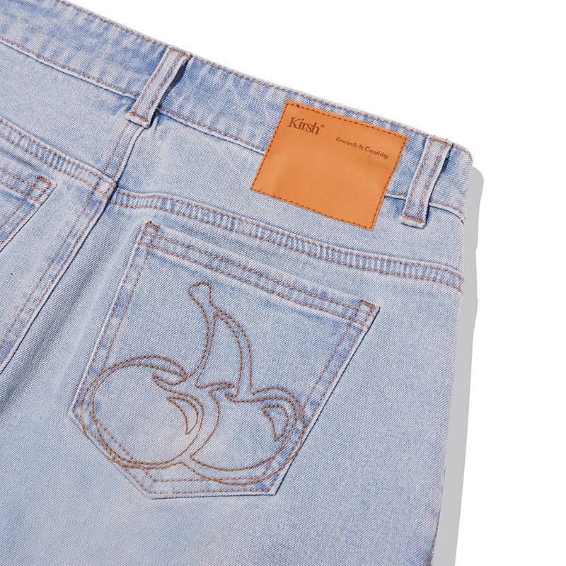 CHERRY DENIM PLEATS MINI SKIRT [LIGHT BLUE]