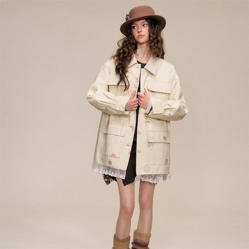 Floral Embroidery Cotton Cargo Jacket