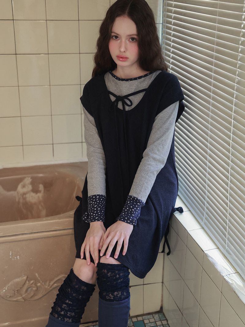 Pintuck waffle flare dress  / navy