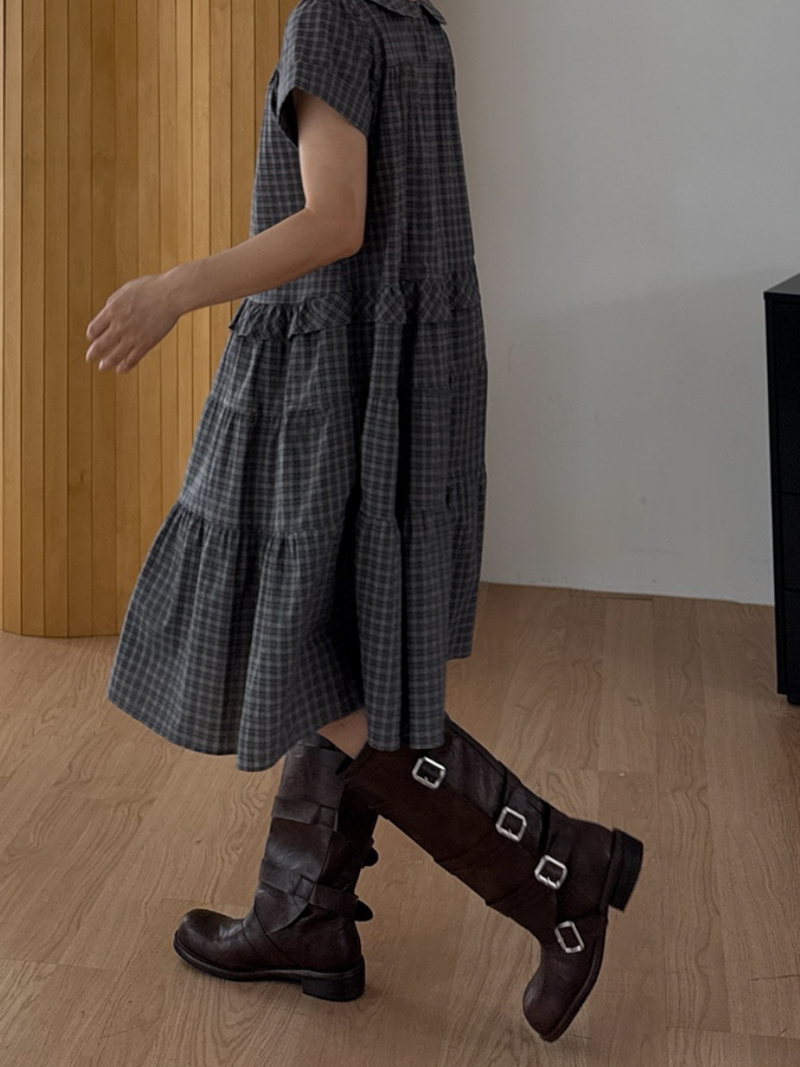 round collar check midi dress 