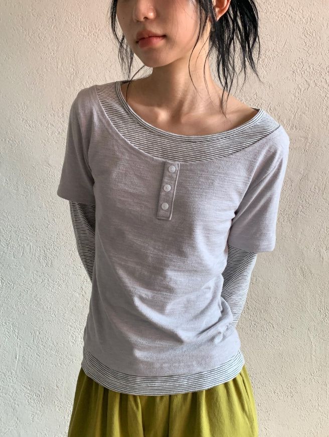 Nicks Layered Button Stripe Long Sleeve Tee