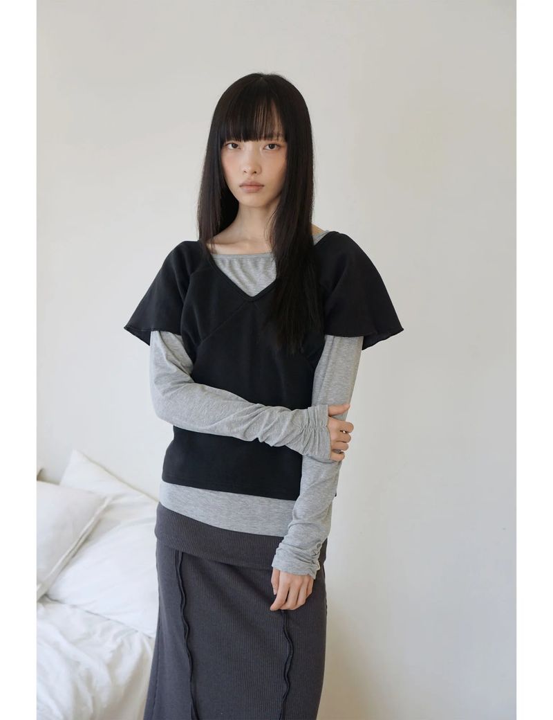 WRAP SHIRRING TOP(BLACK)