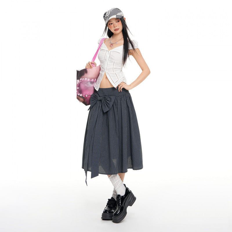 Navy Plaid Bow A-Line Midi Skirt