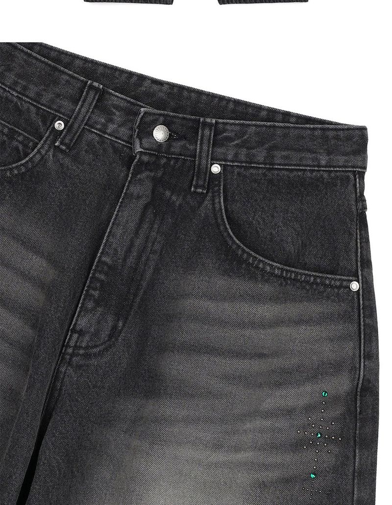 Curved Western Stud Denim Pants - Black