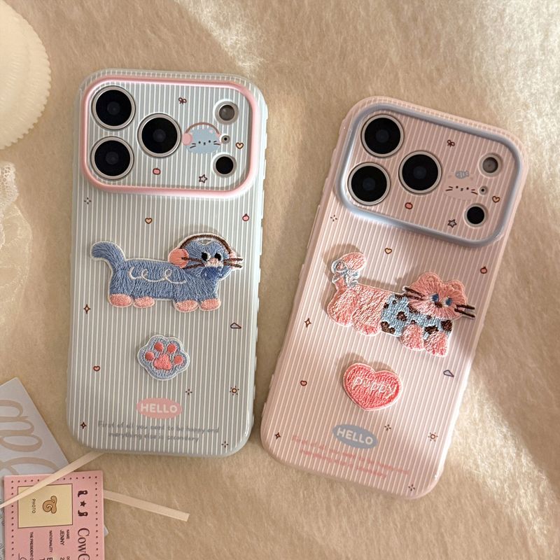 Embroidered Blue Pink Cat Soft iPhone Case