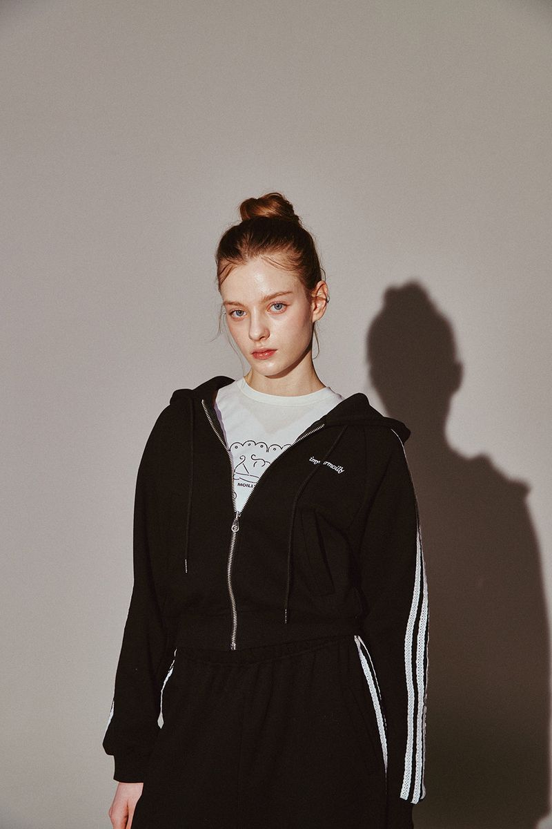 Lace Tape Hood Zip-Up Black