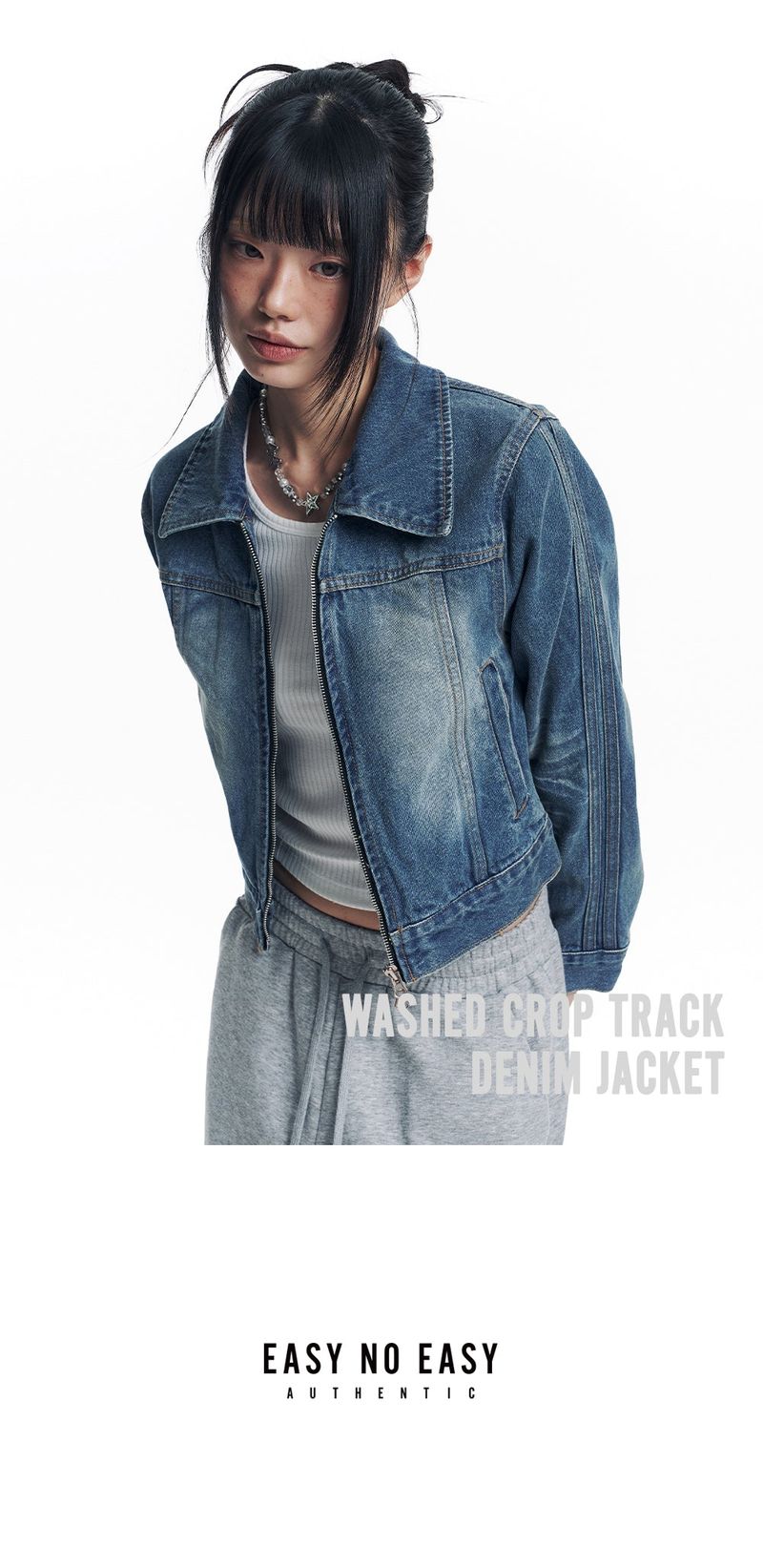 Washed Crop Track Denim Jacket - Deep Blue