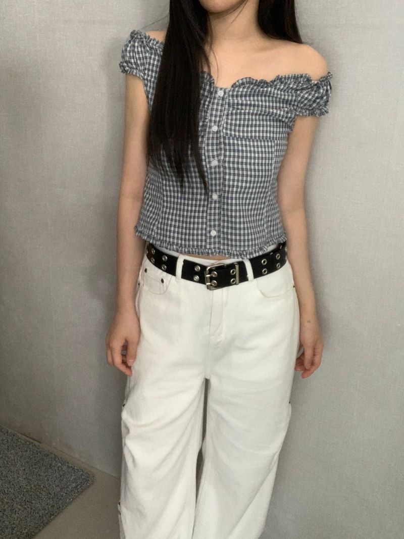 Aaron Check Off-Shoulder Ruffle Blouse 
