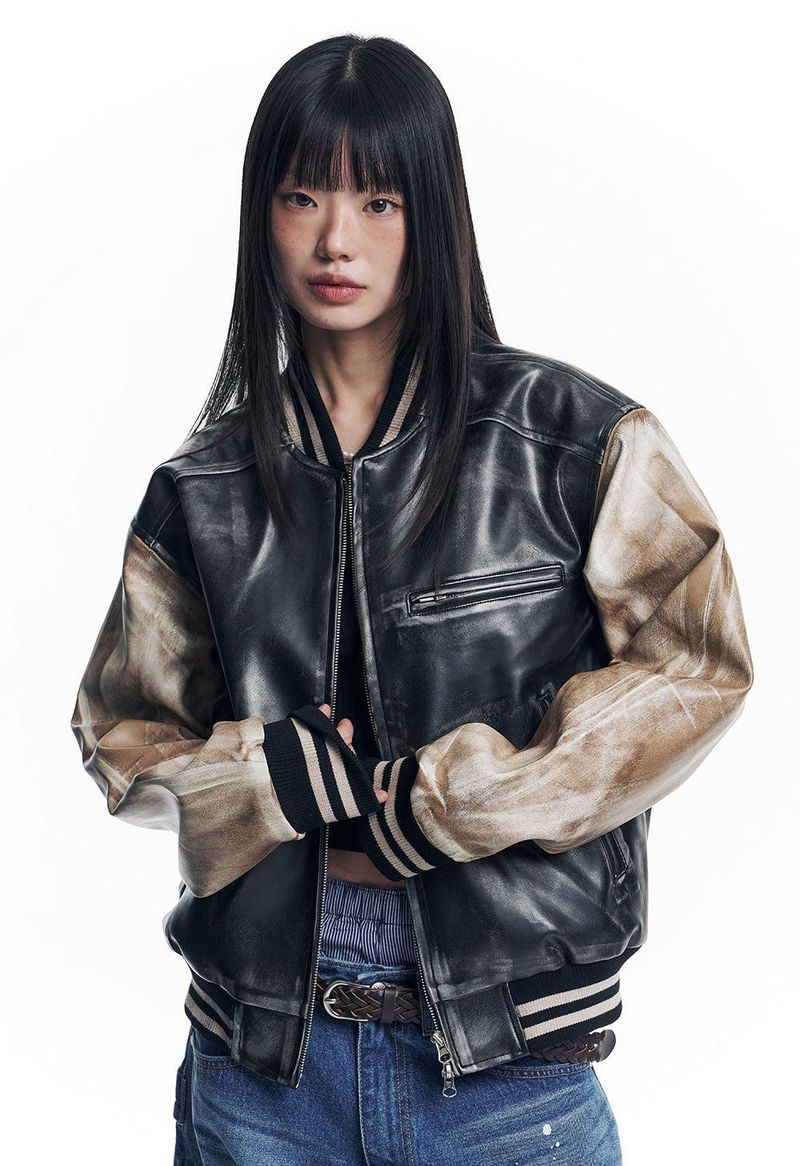 Dirty Washed Leather Varsity Jacket - Black