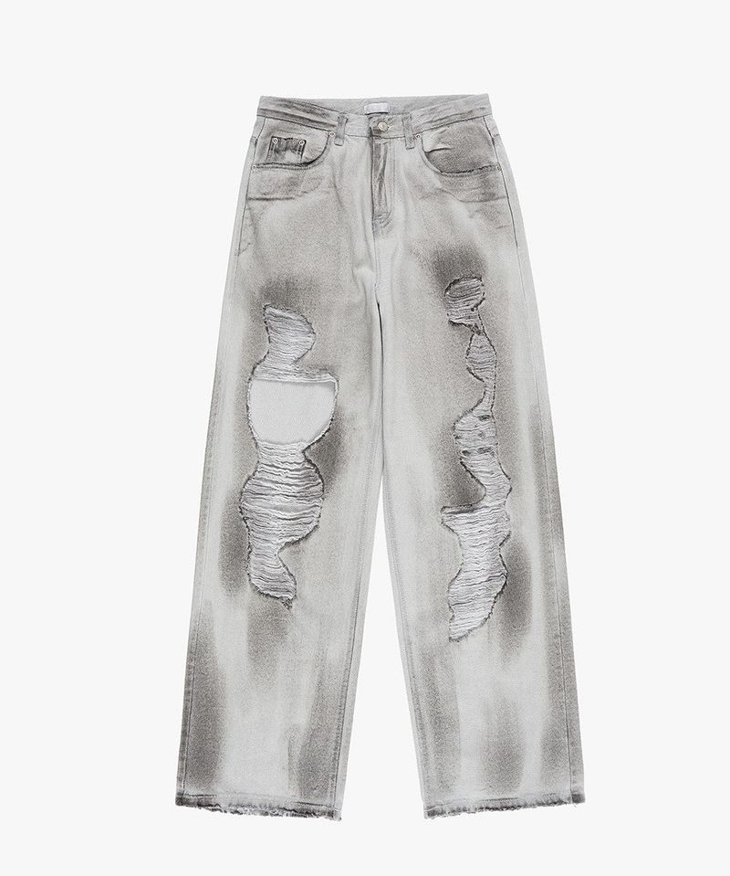 Line destroyed dirty washed denim pants