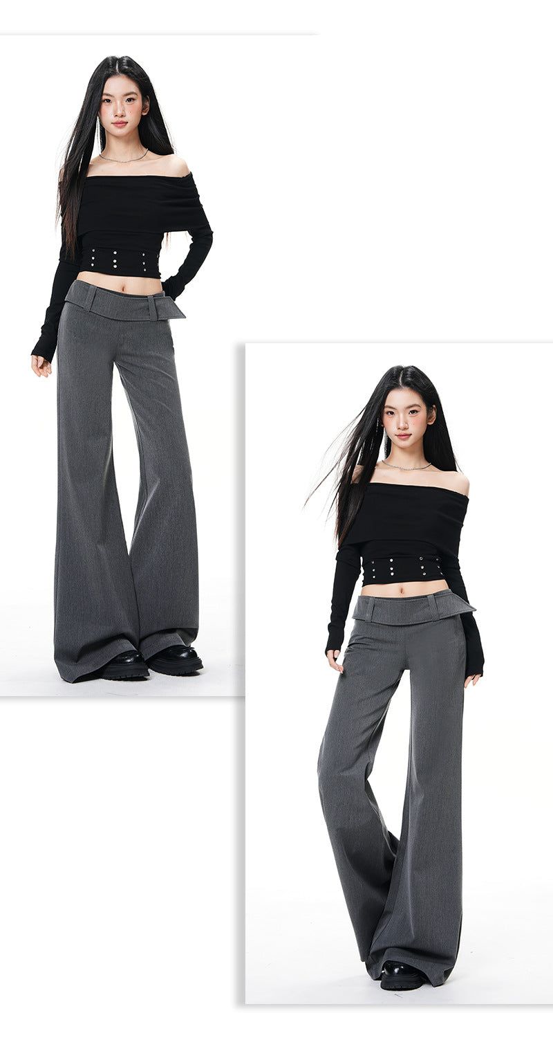 French Low-Waist Micro Flare Slacks – Tailored Slim Wide Casual Pants
