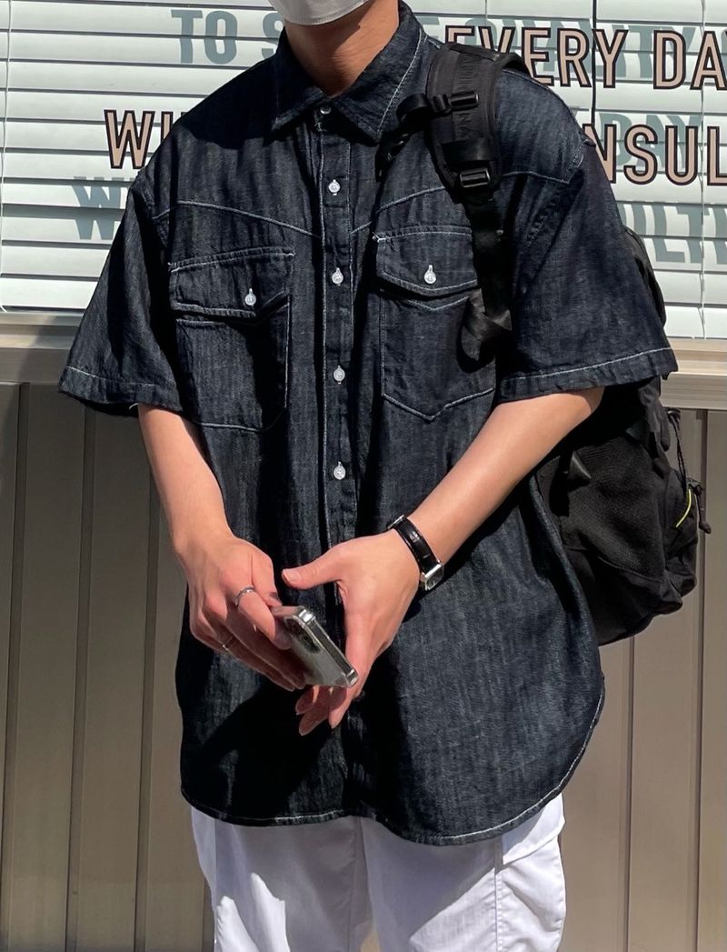 LINEN WESTERN DENIM HALF SHITRS(2COLOR)