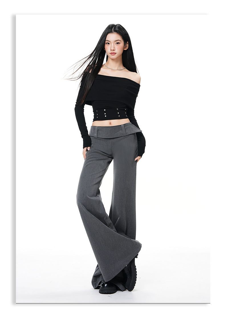 French Low-Waist Micro Flare Slacks – Tailored Slim Wide Casual Pants
