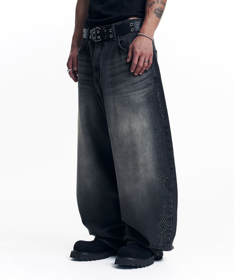 Curved Western Stud Denim Pants - Black
