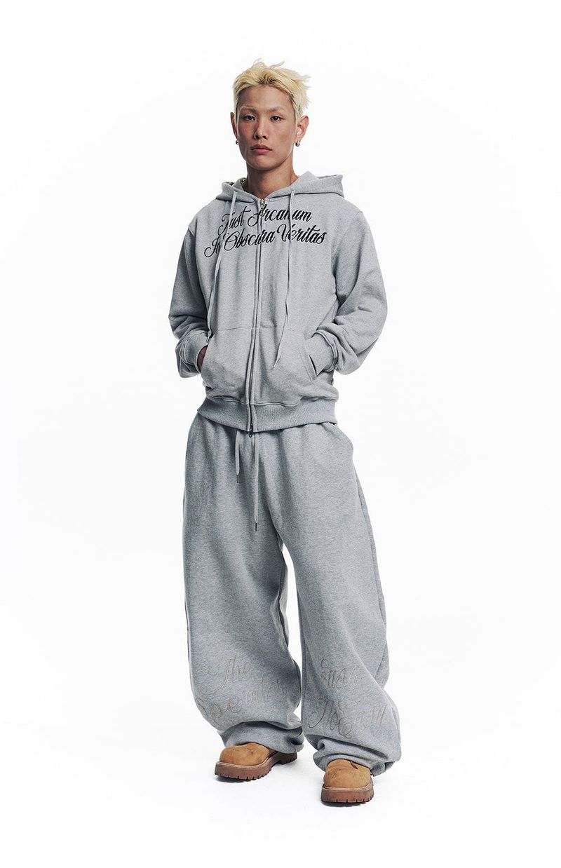Lettering Embroidered Hoodie Zip-Up - Gray