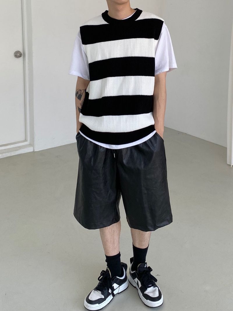 Stripe round neck knit vest 2C