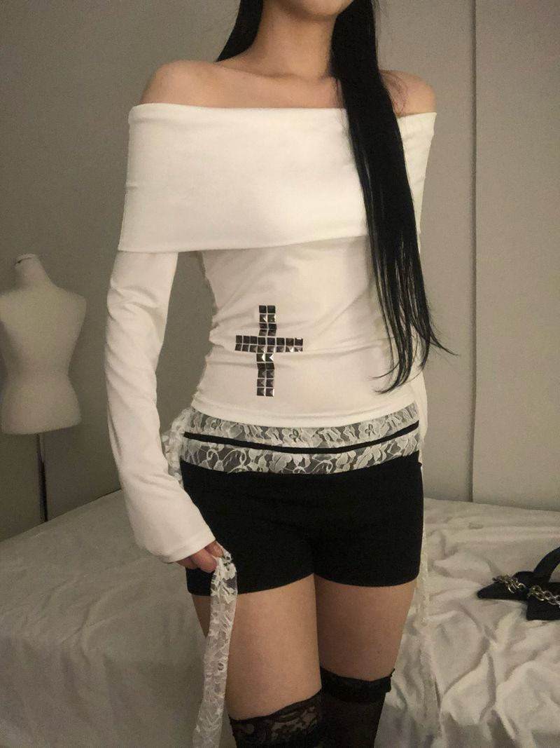 Crystal Stud Cross Off-Shoulder T
