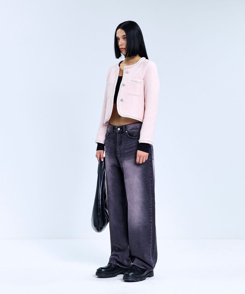 85-VIVAJ049 Line Beads Crop Tweed Jacket Pink