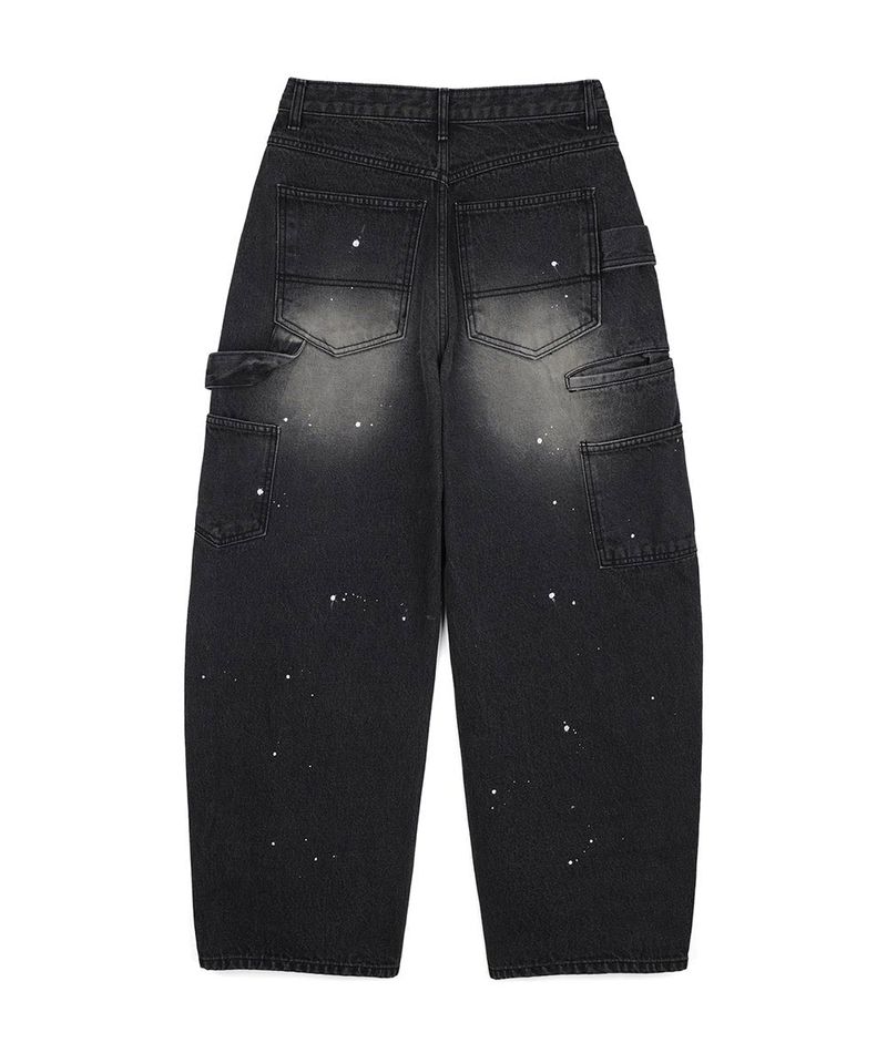 Curved Double Knee Denim Pants - Black