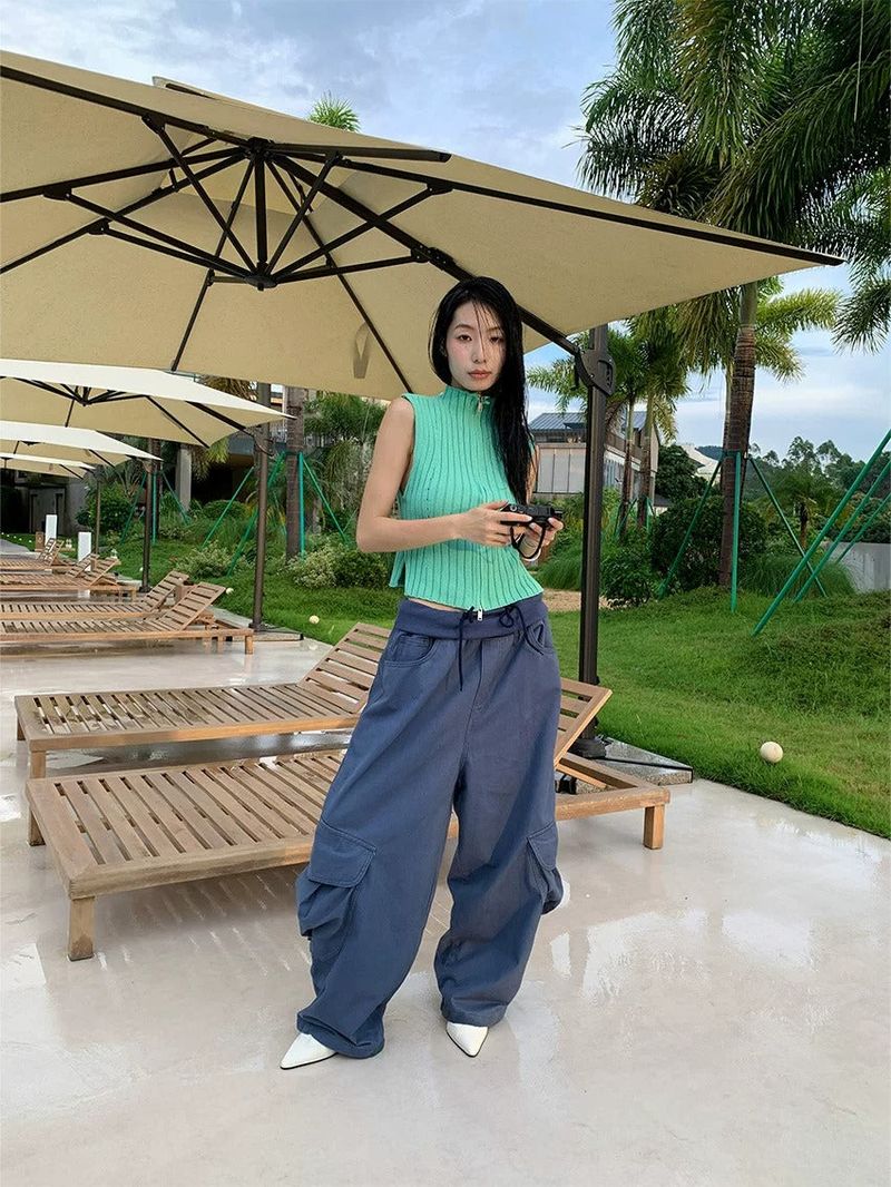 Khaki Cargo Wide Leg Straight Pants