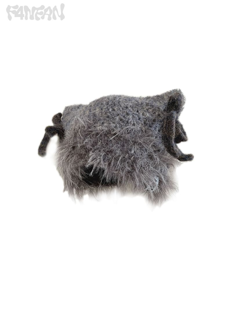 Handcrafted Crochet Cat Ear Beanie with Side Bows,Fluffy Long Fuzzy Brim, knit Cute Hat