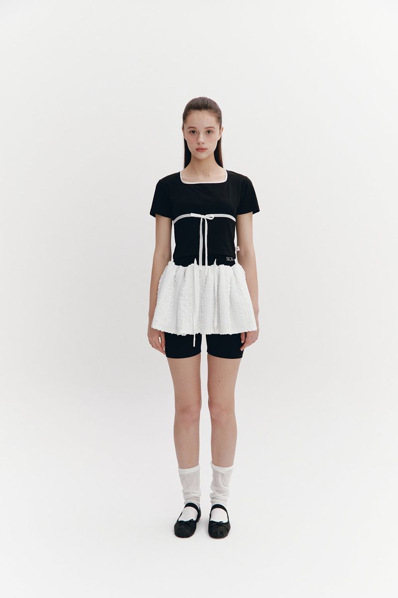 Lace Ribbon Shirring Top Black