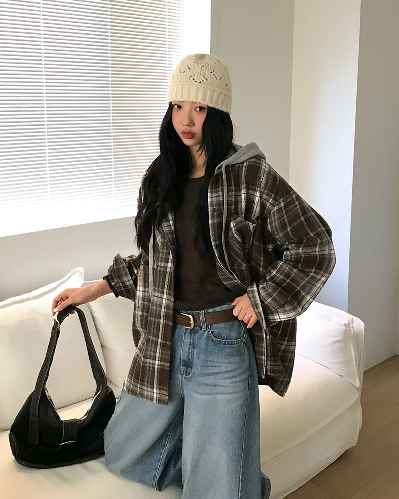 [ORIGINAL] Plain Hooded Check Shirt