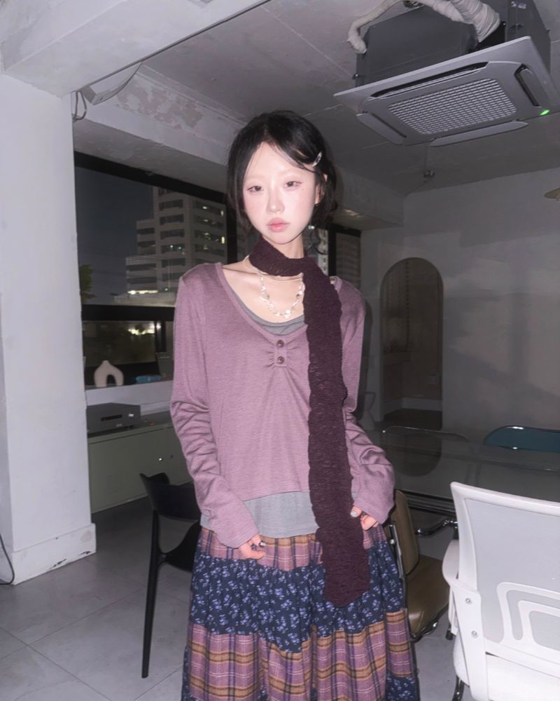 (3color) Shirring Button Layered Wool Knit Tee