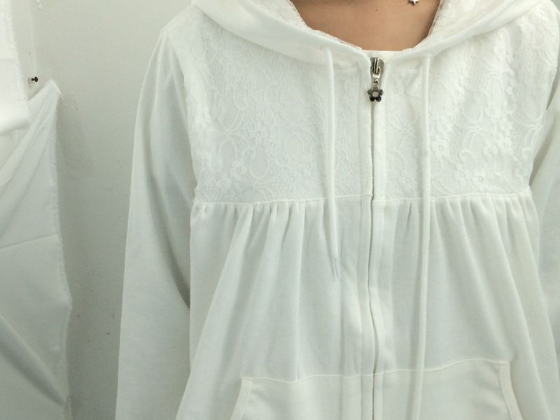 Flower Lace Half-Shirring Hooded Zip-Up
