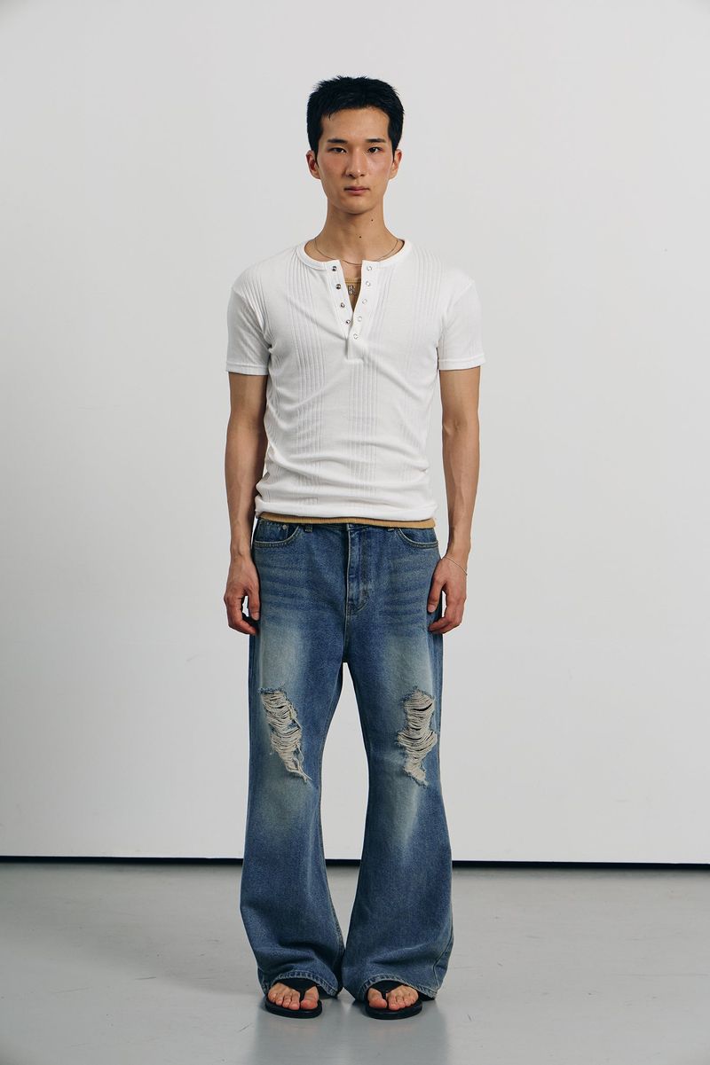 Tin washed damage flare denim pants(Blue)