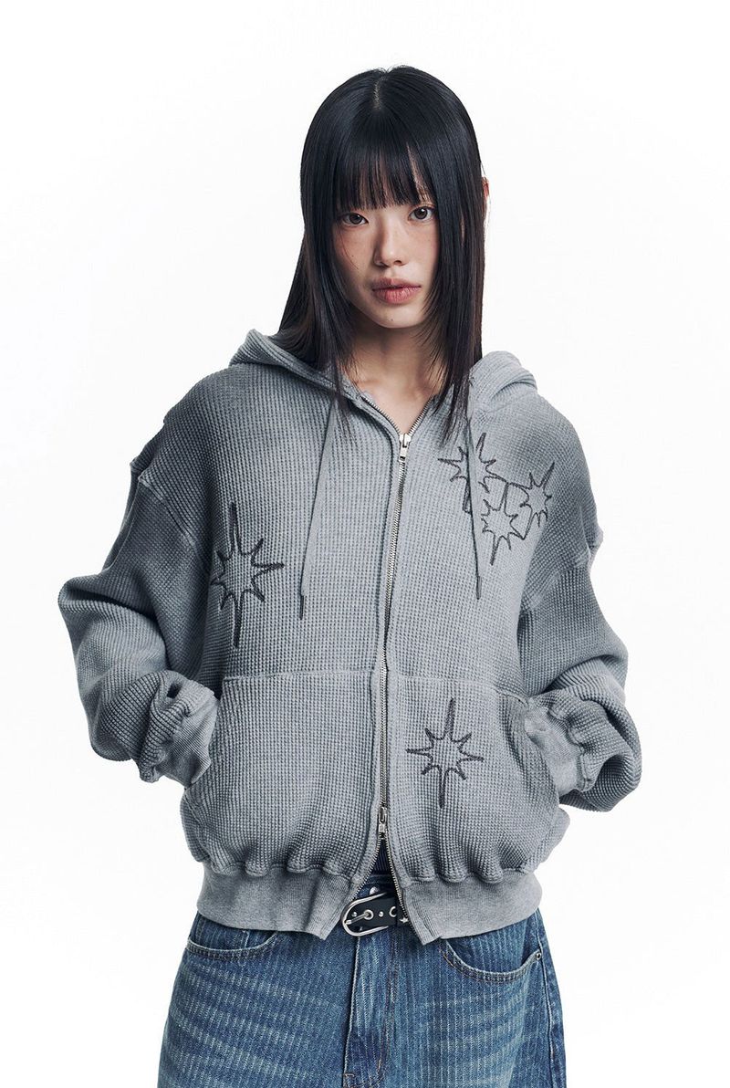 Washed Star Waffle Hooded Zip-Up - Grey