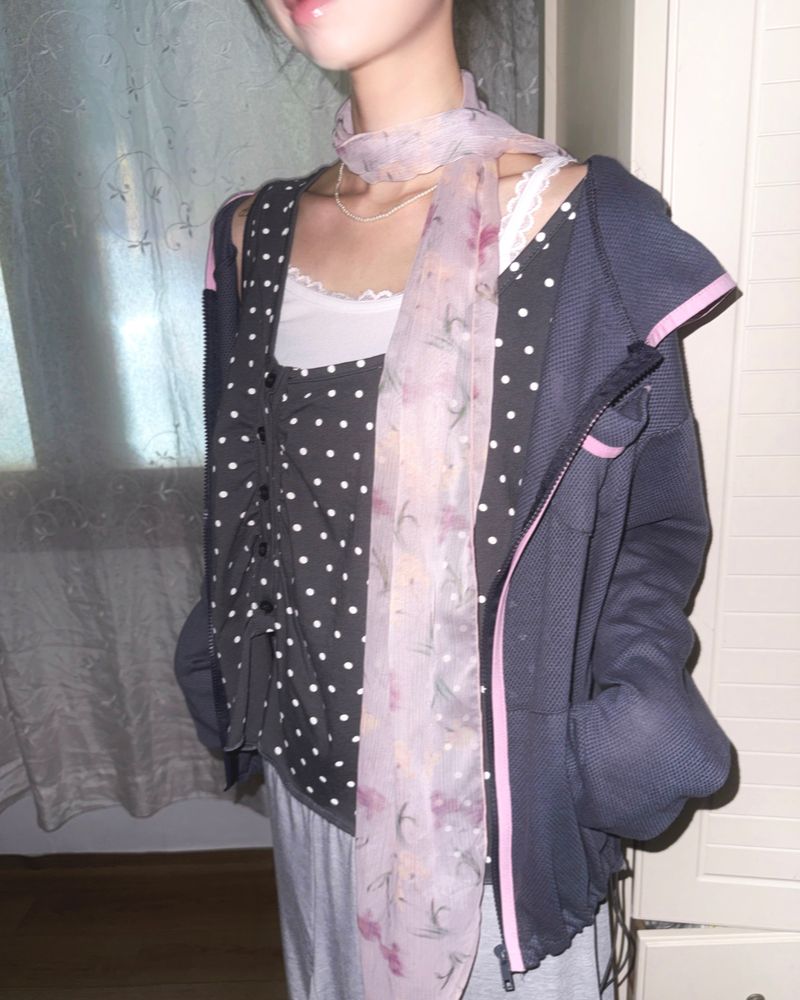 (2color) Piping Mesh Hood Zip-Up