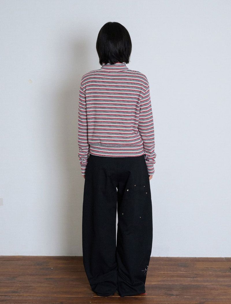 STRIPED HIGH NECK BUTTON CARDIGAN - GRAY