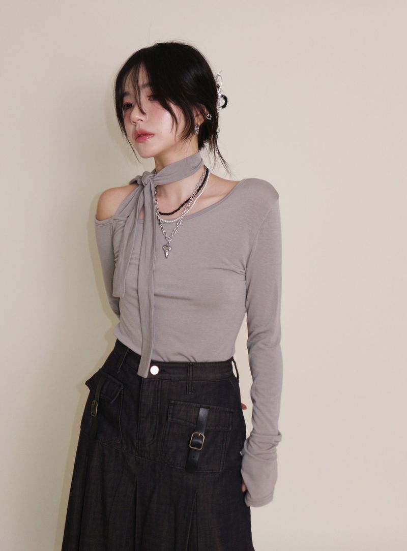 (Napping T-shirt) Euren One Shoulder Ribbon Tie Long-Sleeved Warmer T-Shirt