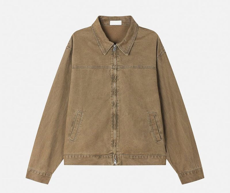 Rentto Basic Collar Zipper Loose Fit Cotton Jacket