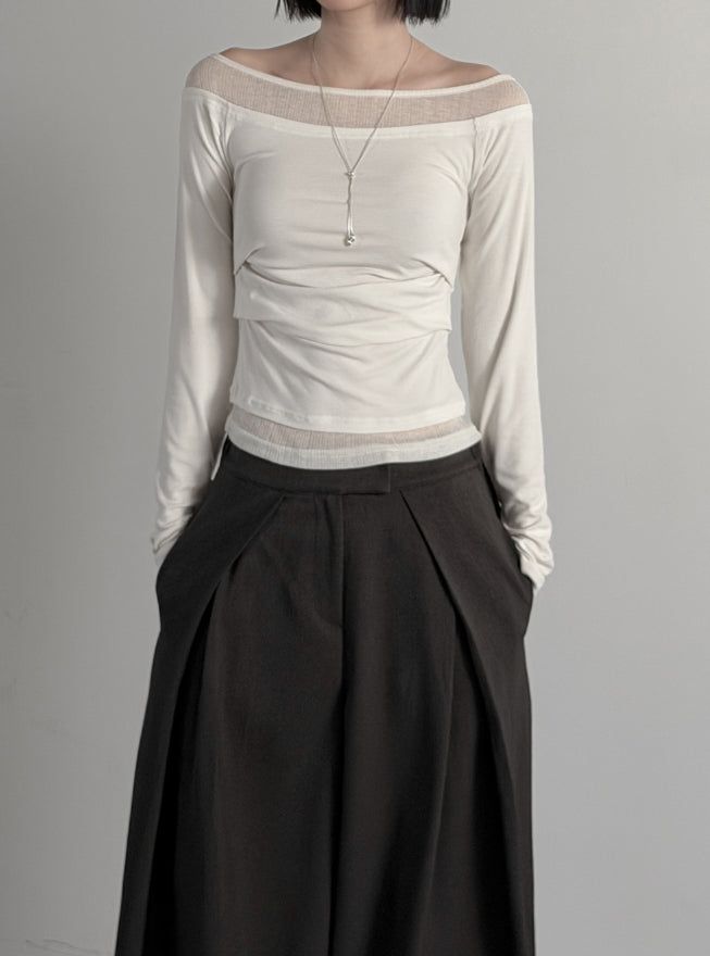 Ribbed Color Matching Layered Pintuck Boat Neck Tee