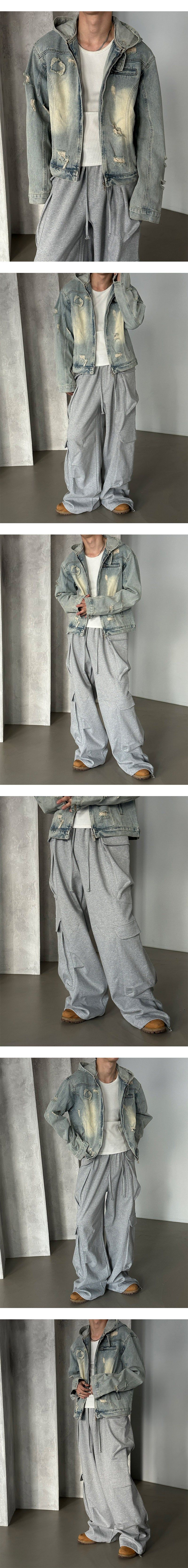 [Unisex] デストロイドデニムフードジャケット(2color)