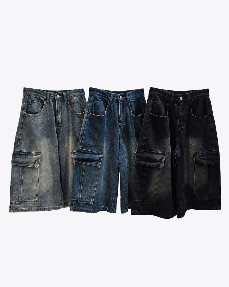 Kazen Washed Cargo Bermuda Denim Pants