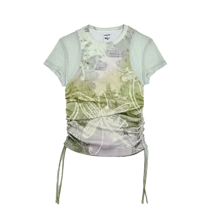 CONFUN 24SS drawstring mesh splicing original print knitted short-sleeved top