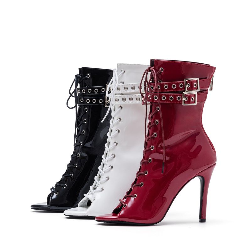 Buckle Patent Lace-Up Open Toe Heel(Red)