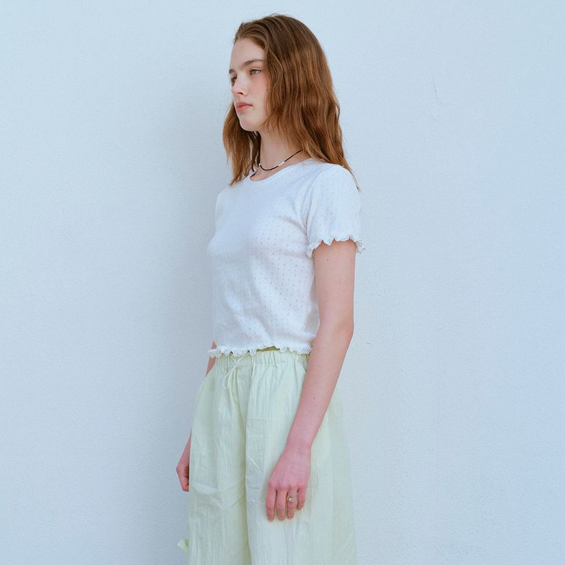 LACE HEM HALF SLEEVE TEE, WHITE