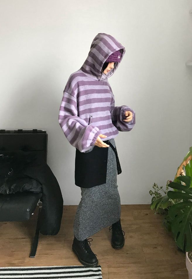 EYELET STRIPE FLEECE HOODIE