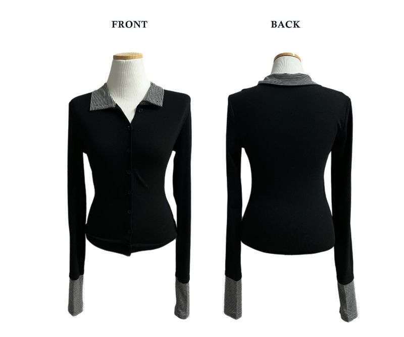 Mono High-neck Button Stripe Contrast Long Sleeve Top