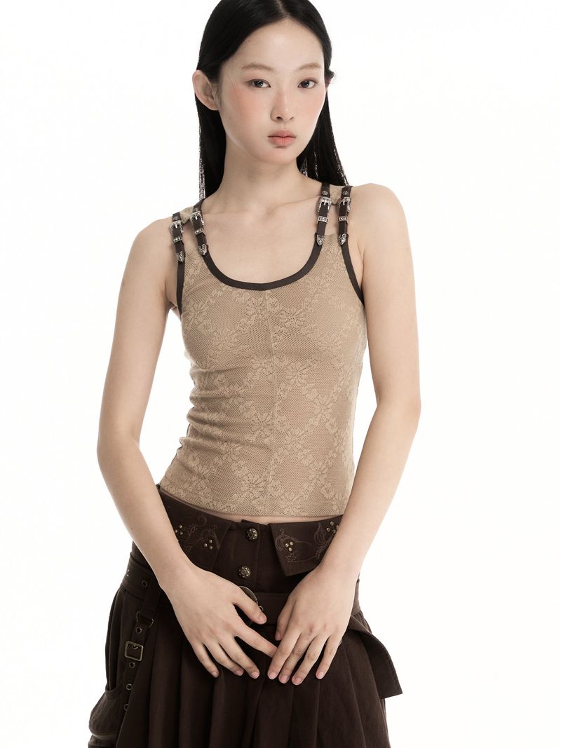 CONFUN Retro Metal Leather Buckle Decorated Floral Jacquard Fabric Color-Contrasting Edged Knitted Tunic